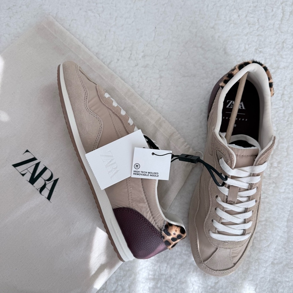 Zara Women's Soft Sneakers Beige Leather & Suede with Leopard Accent, Size 8